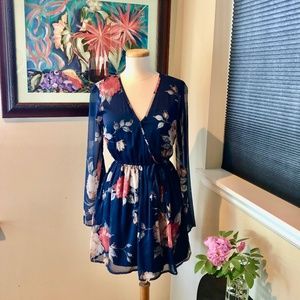Romantic Chiffon Navy Blue Floral Print Soft Band of Gypsies Mini Dress Sz S